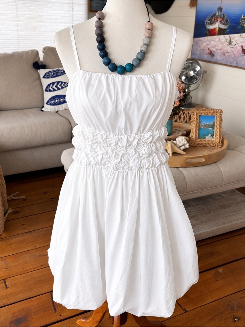 NWT PINCH White Bubble Hem Mini Dress Ruched Waist Size L - Picture 4 of 13